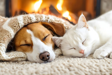 playful dog and sleepy cat resting together near cozy fireplace, wrapped in warm blanket, creating serene and heartwarming atmosphere