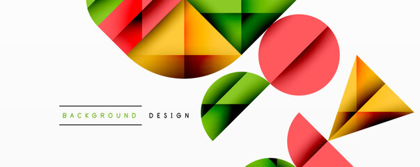Abstract geometric background with layered gradient shapes forming dynamic patterns. Overlapping semi circles and triangles create depth and contrast