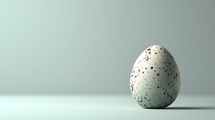 Speckled egg standing on a smooth surface with a soft pastel background