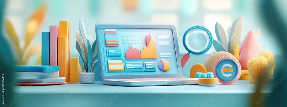 Aufkleber data analysis visualization: colorful 3d laptop displaying charts and graphs for business insights