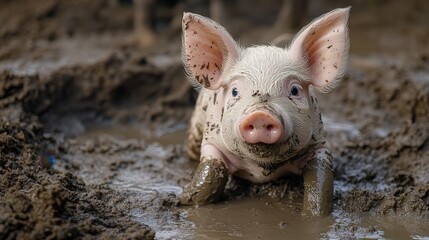 Playful piglet wallowing in mud farmyard scene animal photography rustic atmosphere close-up view nature concept