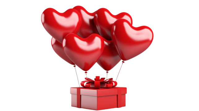 Red Heart Balloons Floating Above Gift Box for Valentines
