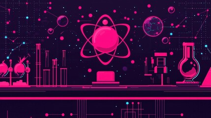 Obraz premium A colorful drawing of a lab with a pink background and a pink and purple atom