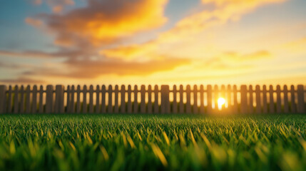 Lush green lawn with wooden fence under vibrant sunset sky, creating serene and peaceful atmosphere