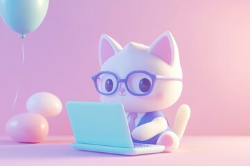Fototapeta premium Cute cartoon cat wearing glasses works on a laptop with pastel balloons in the background.