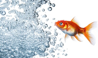 Vibrant goldfish swimming amidst a flurry of bubbles against a stark white background.  Perfect for aquatic themes, pet-related projects, or refreshing imagery.