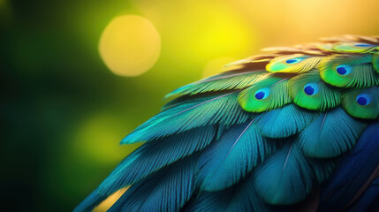 Obraz premium High detailed close up image of vibrant peacock feathers showcasing iridescent colors and intricate patterns, evoking sense of natural beauty and elegance