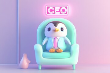 A cute penguin CEO sits in a pastel-colored armchair, symbolizing leadership and cuteness.