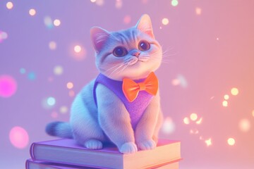 Fototapeta premium Adorable kitten wearing a bow tie sits on a stack of books in a dreamy, colorful setting.
