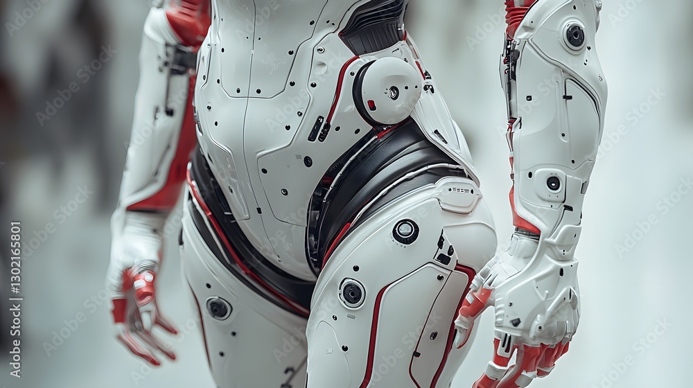 Poster futuristic robot in a striking red and white suit standing in a bright environment with modern desig
