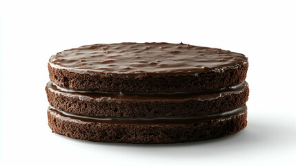 Stack of three chocolate sponge cake layers with glossy chocolate ganache on a white background.
