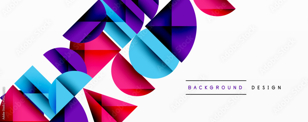 Poster Abstract geometric background with layered gradient shapes forming dynamic patterns. Overlapping semi circles and triangles create depth and contrast