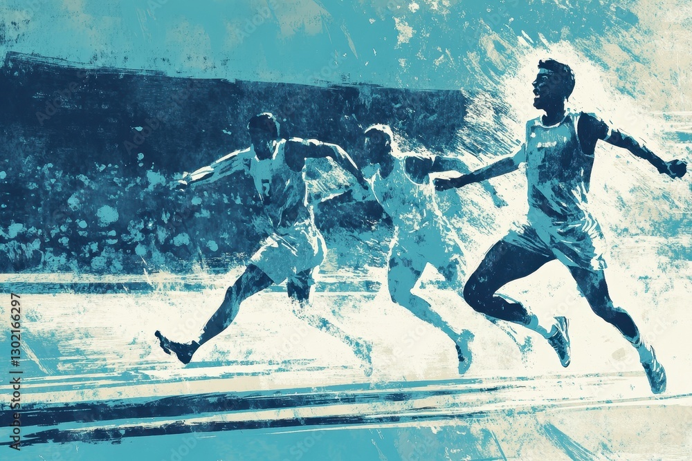 Poster three runners competing in a track and field sprint race