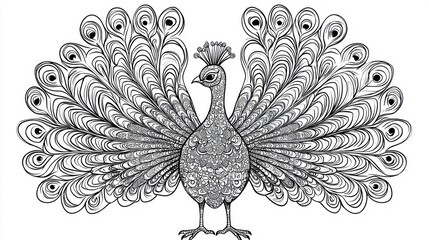 Fototapeta premium Ornate black and white peacock with detailed feathers.