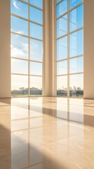Obraz premium Modern interior with huge windows overlooking city skyline and bright sky, natural light