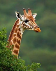 Obraz premium Majestic Giraffe Head Peeking Through Lush Green Leaves and Foliage in the Wild