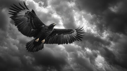 Fototapeta premium Majestic eagle soars through dark stormy skies wildlife photography nature eerie atmosphere aerial perspective freedom