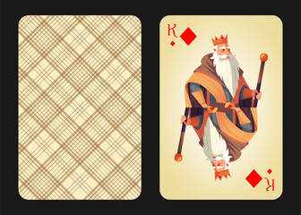 Original design of the playing card king of diamonds, front and back. King of Diamonds in cartoon vintage style. Vector illustration