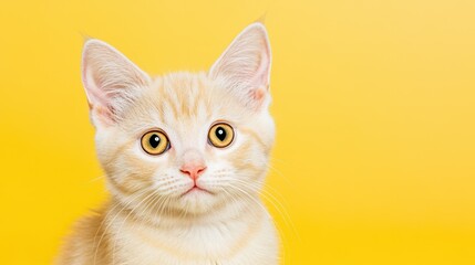 Golden Gaze: A charming kitten with a creamy fur, looking directly at the viewer, against the yellow background, capturing its innocent and captivating eyes.