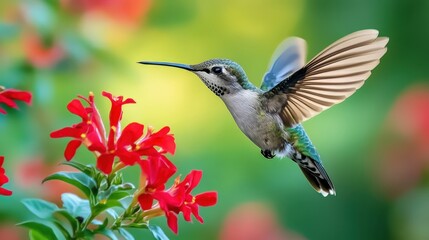 Hummingbird feeding on vibrant flowers garden wildlife photography lush environment close-up nature's beauty