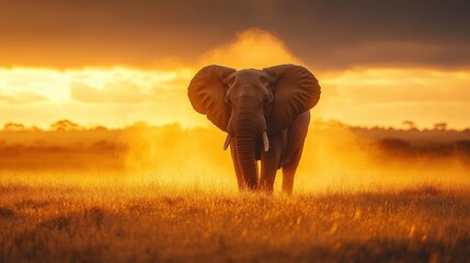 Obraz premium Majestic elephant walking through golden grasslands at sunset nature photography wildlife serene environment