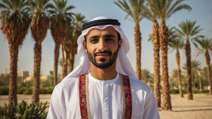 Smiling Emirati Man in Traditional Dress with Palm Trees