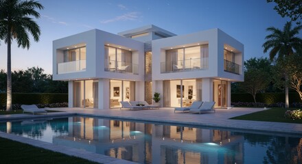Fototapeta premium Luxury modern house with a pool at dusk.