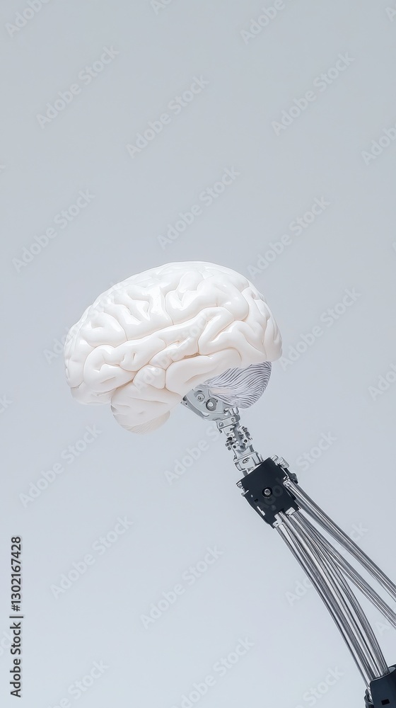Poster artificial intelligence brain conceptual image on light gray background, futuristic robotics concept