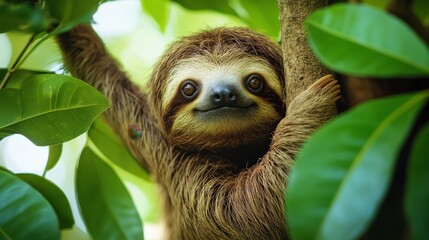 Naklejka premium Sloth climbing tree tropical forest wildlife photography lush environment close-up view nature conservation