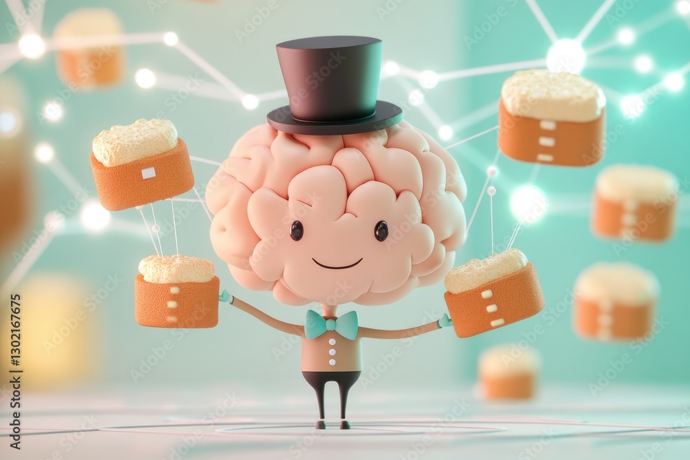 Poster a cheerful brain character in a top hat juggles data blocks, symbolizing intelligent data management