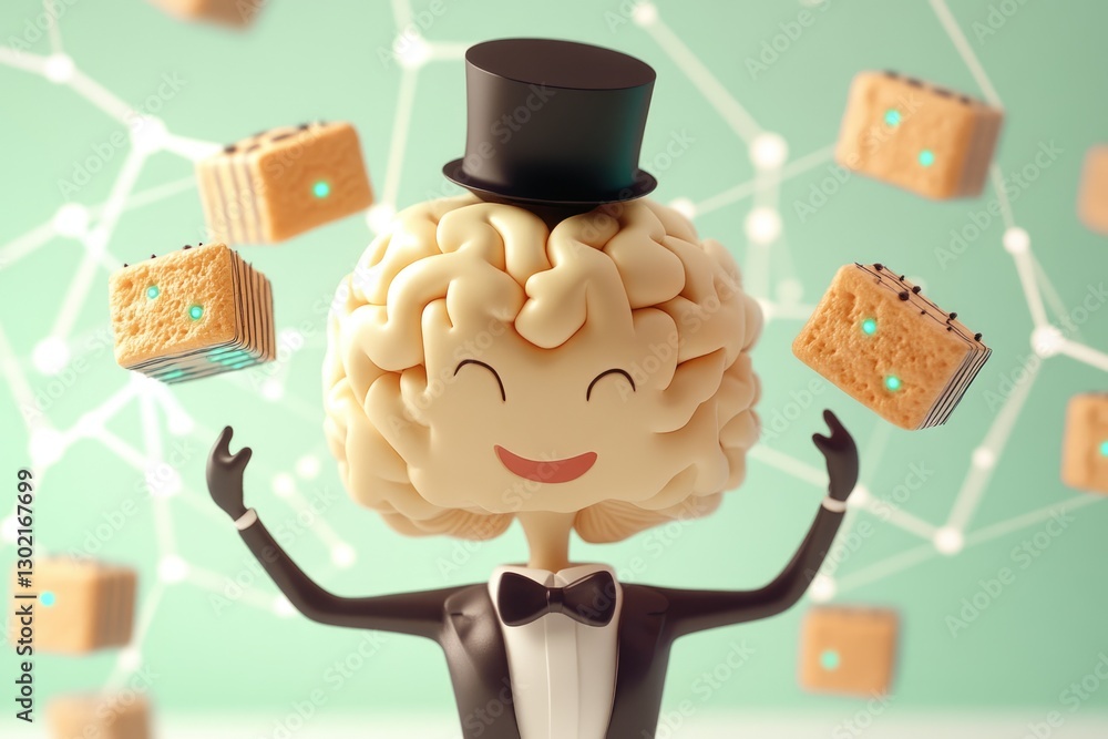 Poster a cheerful brain in a top hat juggles data cubes, symbolizing intelligent data management.