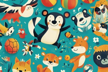 A colorful illustration of multiple cartoon animal characters and objects
