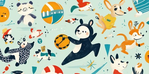 Playful Cartoon Animals And Balls Displayed Against Soft Pastel Background