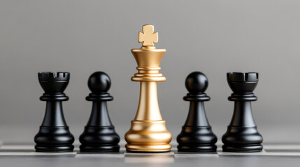golden chess king stands tall among black pieces, symbolizing victory and strategy in game of intellect. contrast highlights importance of leadership in chess