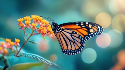 Fototapeta premium Butterfly pollinating flowers garden wildlife photography natural habitat close-up view nature's beauty