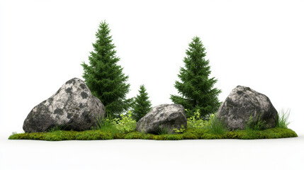 Grey Rocks and Lush Green Fir Trees on White Background