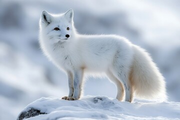 Arctic fox standing on snowy rock in winter landscape