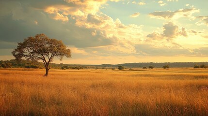Fototapeta premium Serene sunset over golden field rural landscape nature photography tranquil environment wide angle peaceful concept