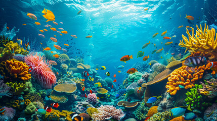 Tropical sea underwater fishes on coral reef.