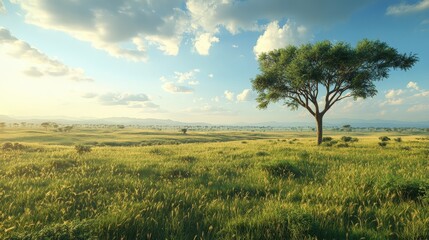 Fototapeta premium Exploring serenity a lone tree in the vast african savannah nature scene open landscape tranquil viewpoint