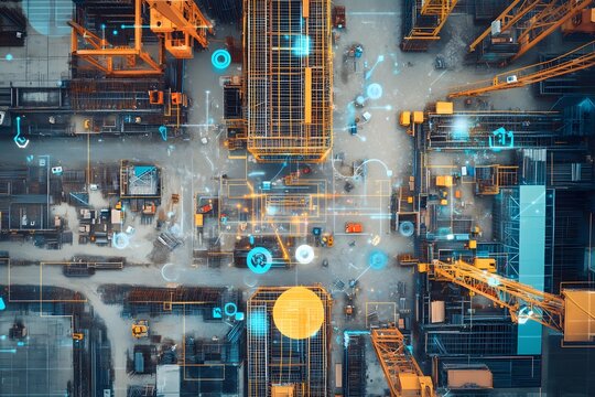 Aerial View of Smart Construction Site with Cranes and Technology
