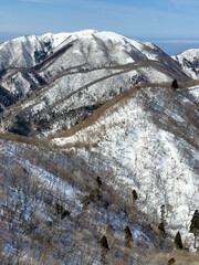 青空のもと雪深い令和七年2月の御在所岳から雨乞岳へ続く稜線