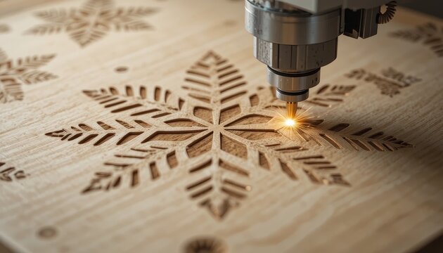Wooden laser cut. CNC Machine Engraving Intricate Snowflake Design on Wooden Surface