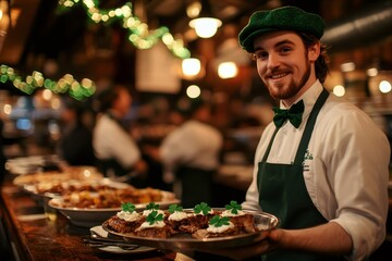 Waiter serving traditional irish food wearing green clothes for Saint Patrick's Day