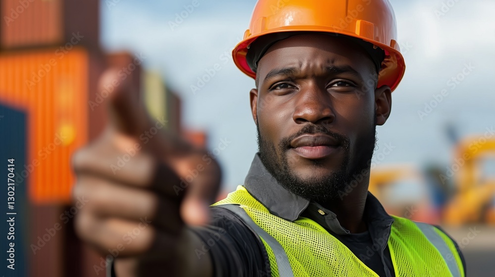 Poster skilled worker directing operations in a shipping logistics container terminal with safety gear and 