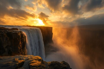 Dettifoss waterfall cascading into canyon at sunset, Iceland