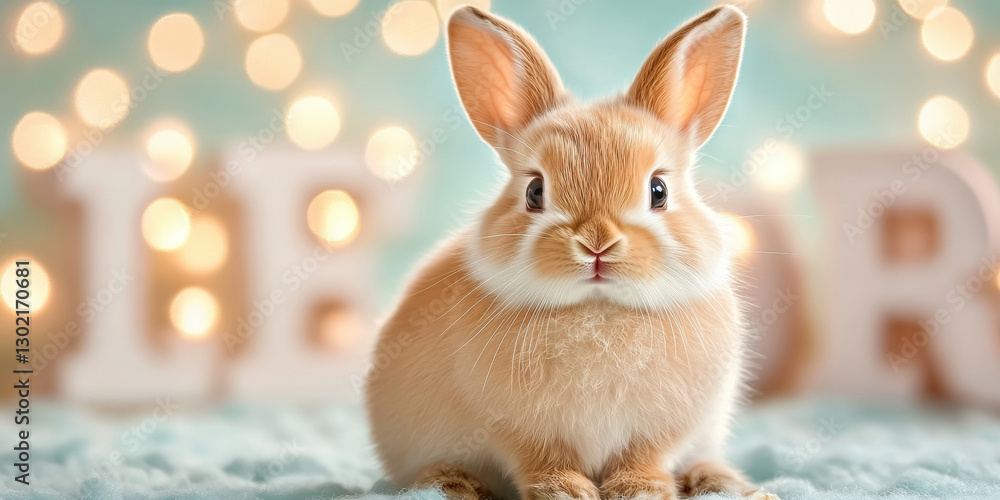 Poster a high-fidelity image of a rabbit sitting in front of a space for text.
