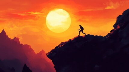 The person is hiking up the mountain towards the bright sun