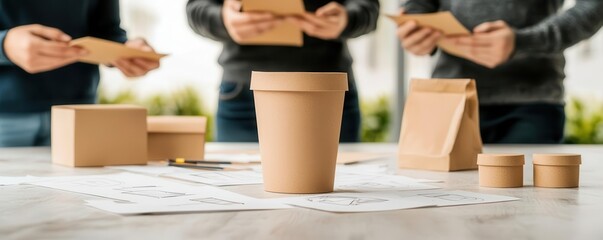 A marketing team brainstorming packaging design ideas for a new product, 3D render