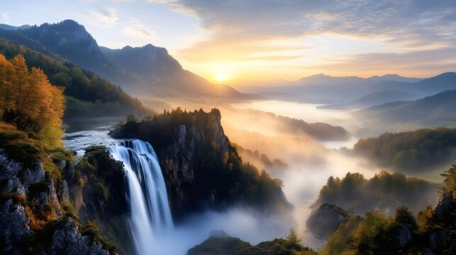 Scenic waterfall cascading into misty valley at sunrise in autumn